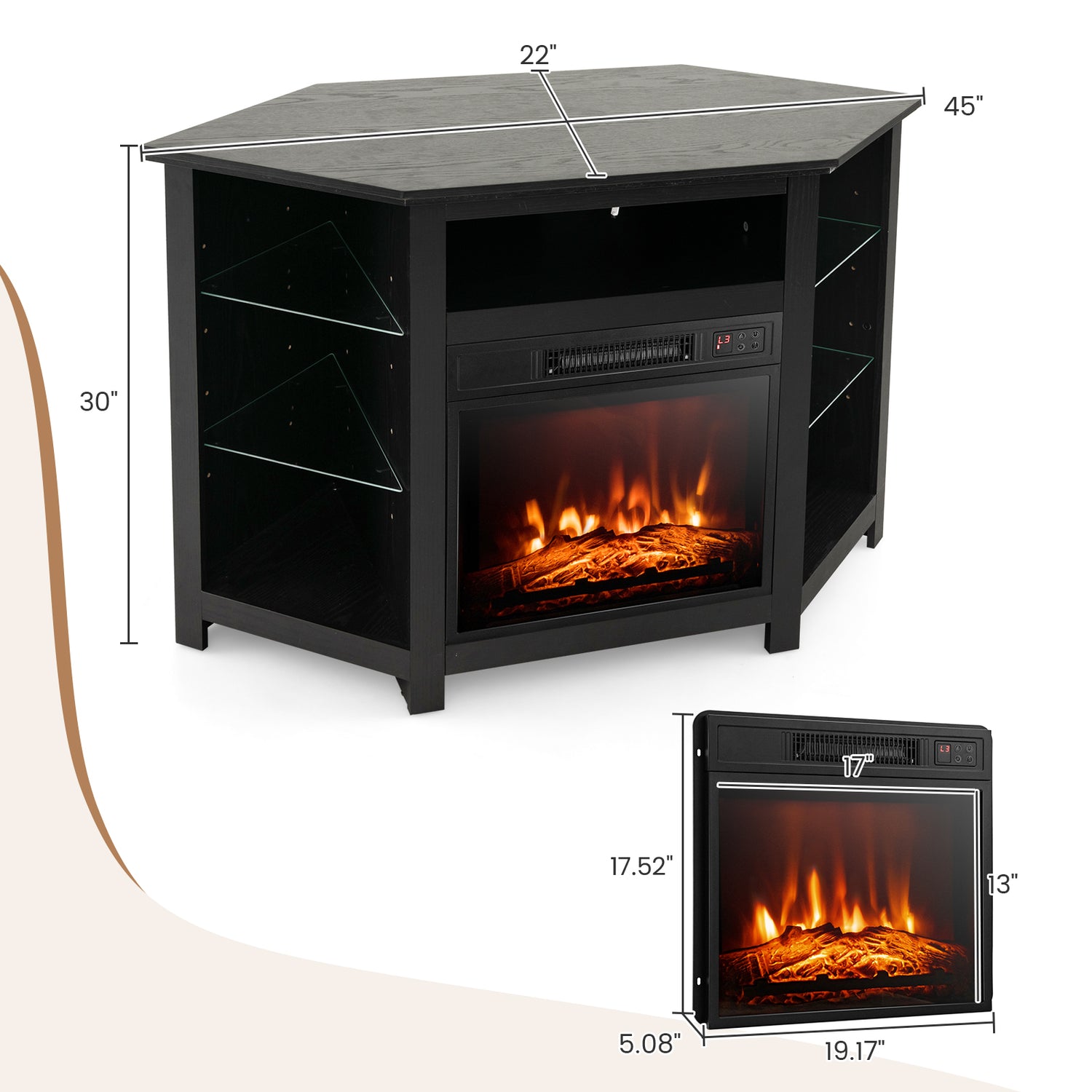 Fireplace Corner TV Stand with LED Lights and Smart APP Control for 50 Inches TV