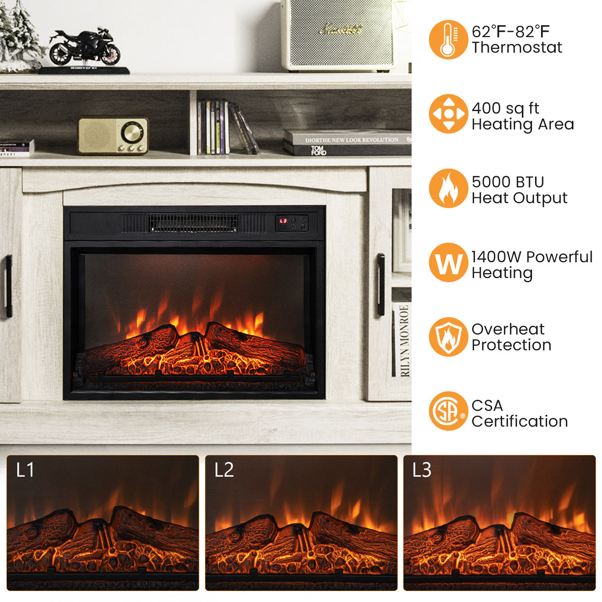 Fireplace TV Stand for TVs Up to 65 Inch with Side Cabinets and Remote Control
