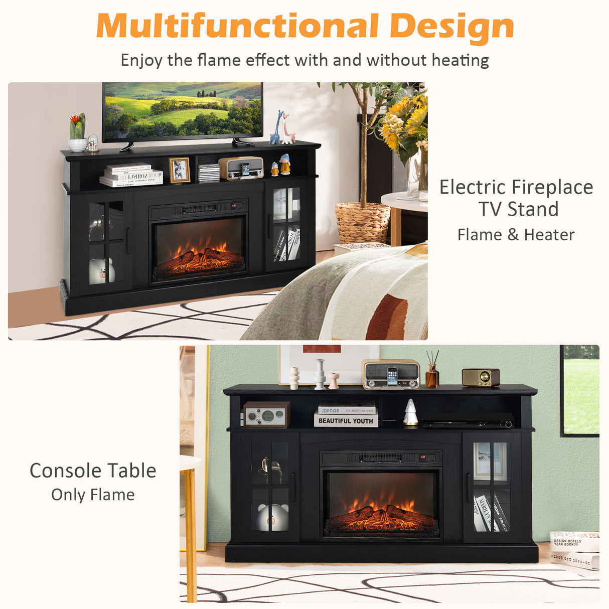 Fireplace TV Stand for TVs Up to 65 Inch with Side Cabinets and Remote Control