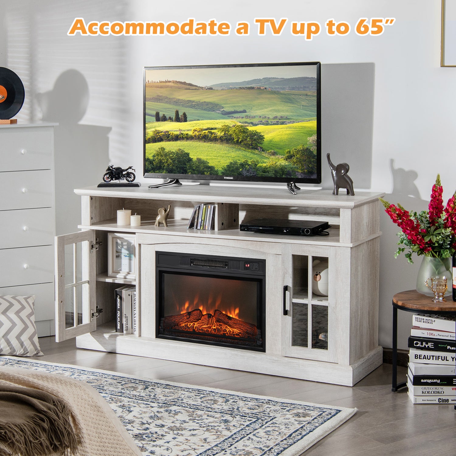 Fireplace TV Stand for TVs Up to 65 Inch with Side Cabinets and Remote Control