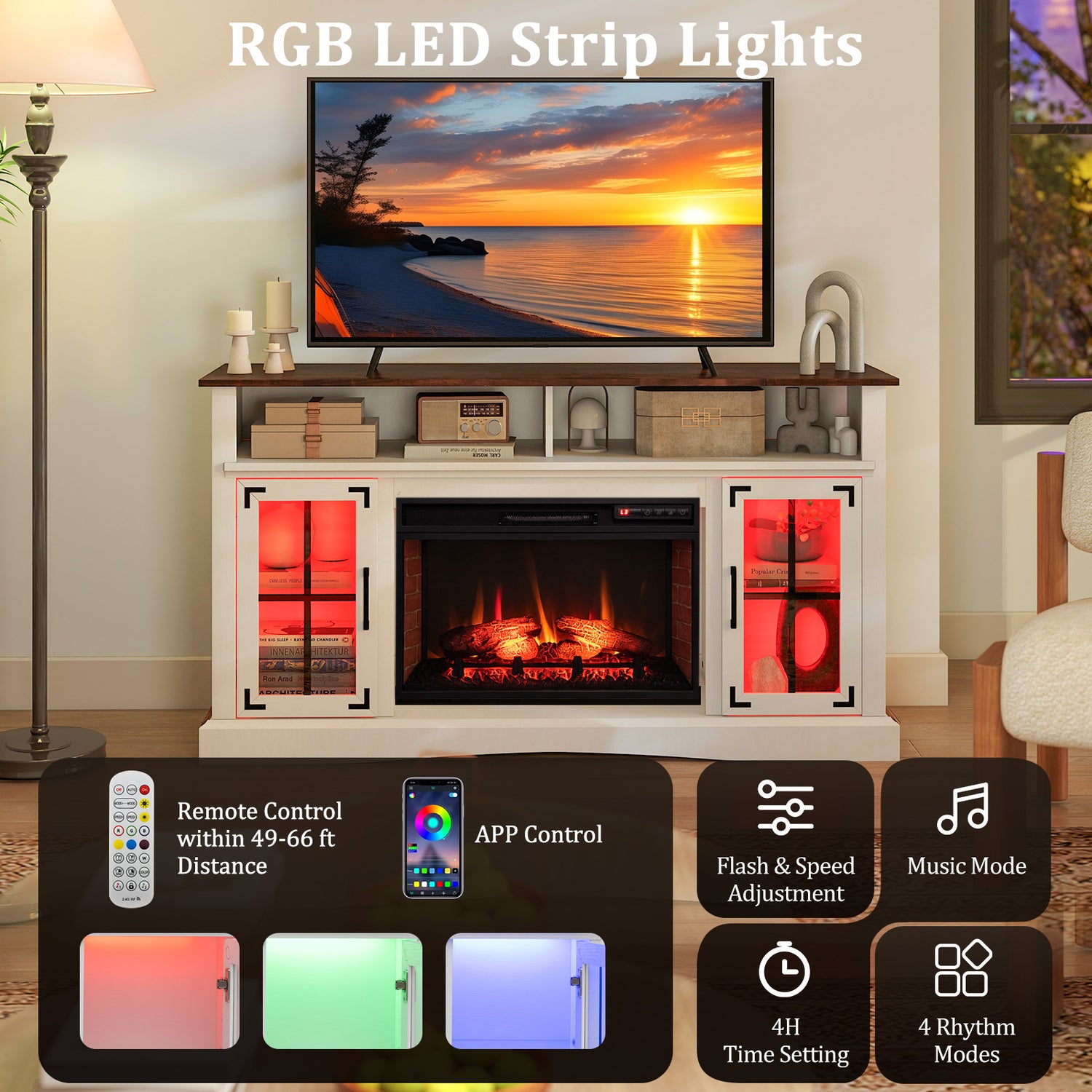 Fireplace TV Stand with Remote Controls and Thermostat for TVs Up to 50 Inch