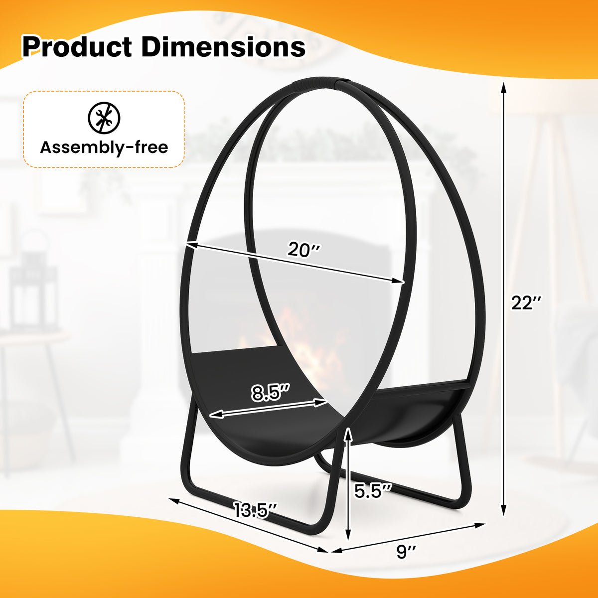 Firewood Log Hoop 20 Inch Round Heavy-duty Metal Curved Log Rack with Stand