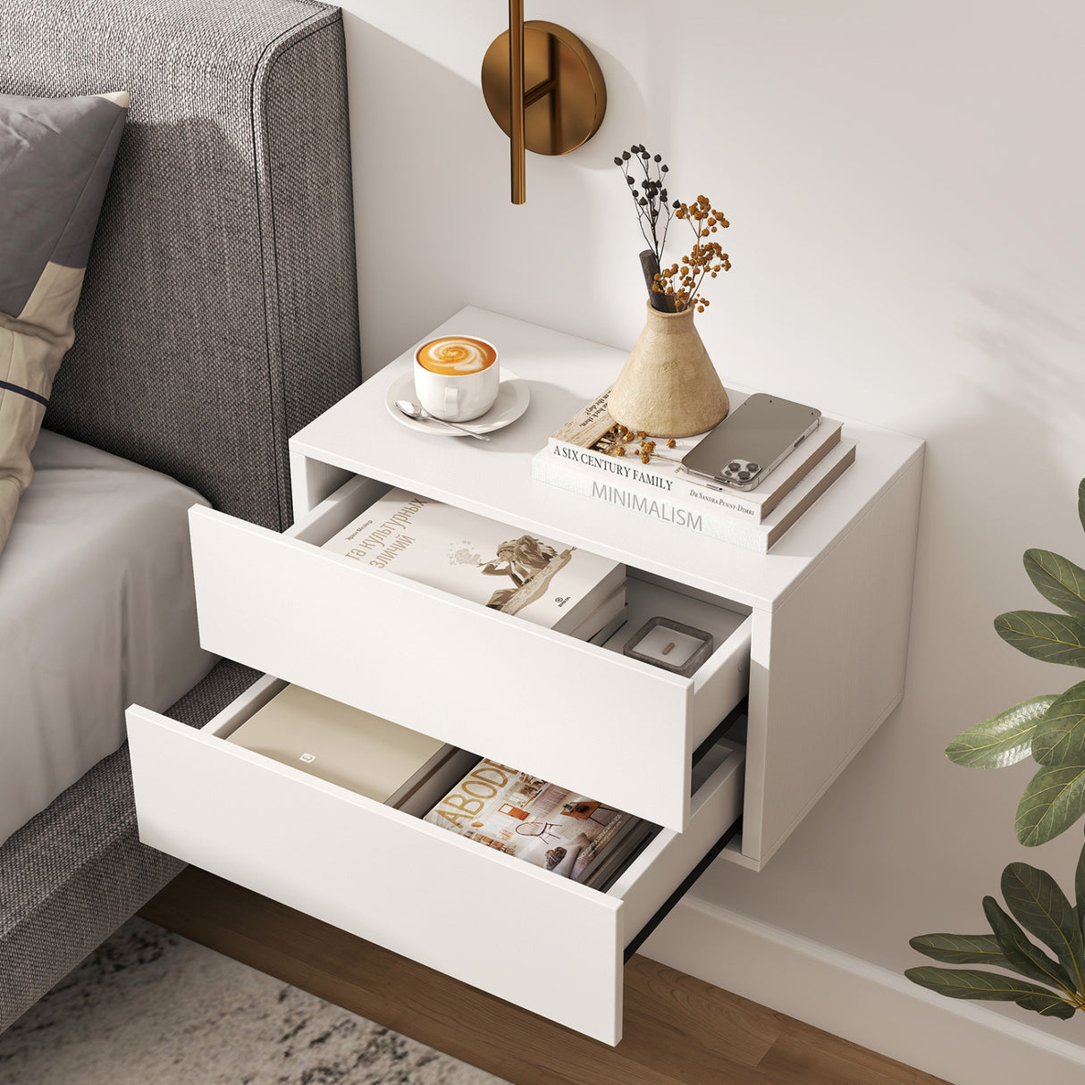 Floating Nightstand with 2 Storage Drawers Wall Mounted for Bedroom