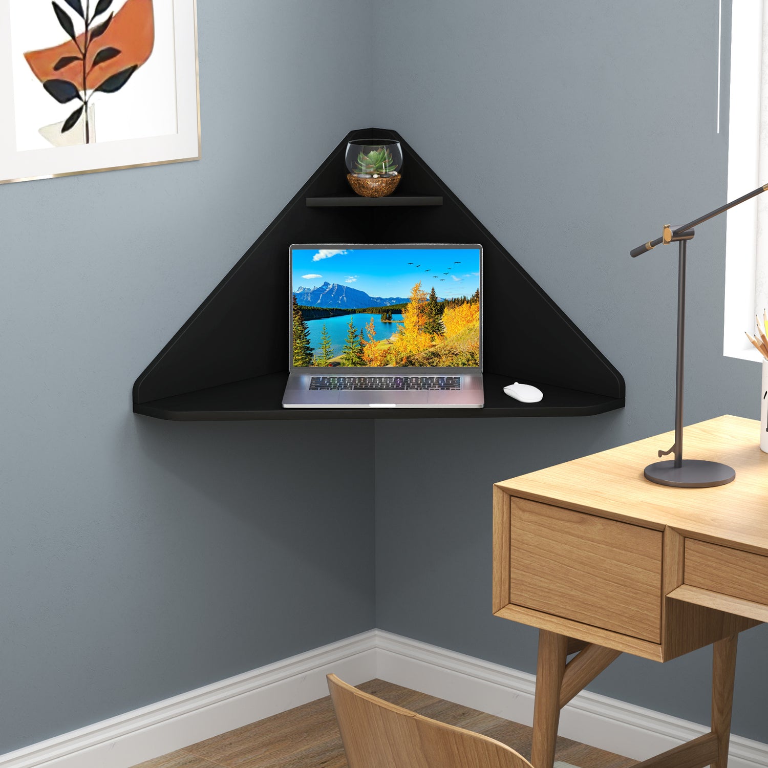 Floating Triangular Corner Computer Desk with Storage Shelf