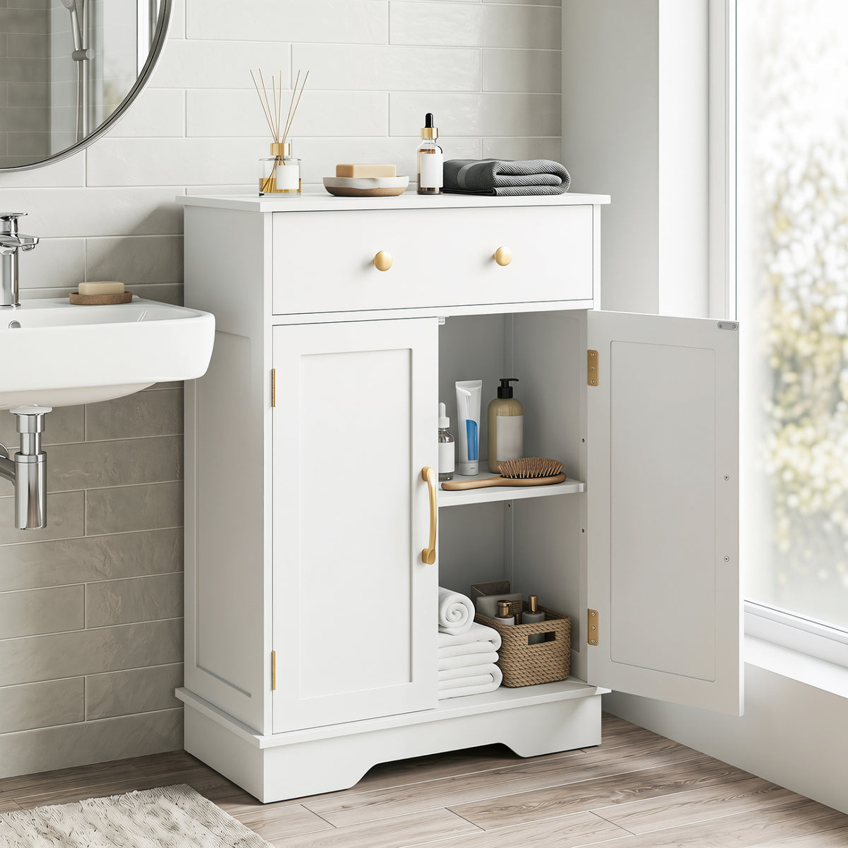 Floor Storage Cabinet with Doors Modern Buffet Sideboard with Drawer and Adjustable Shelf