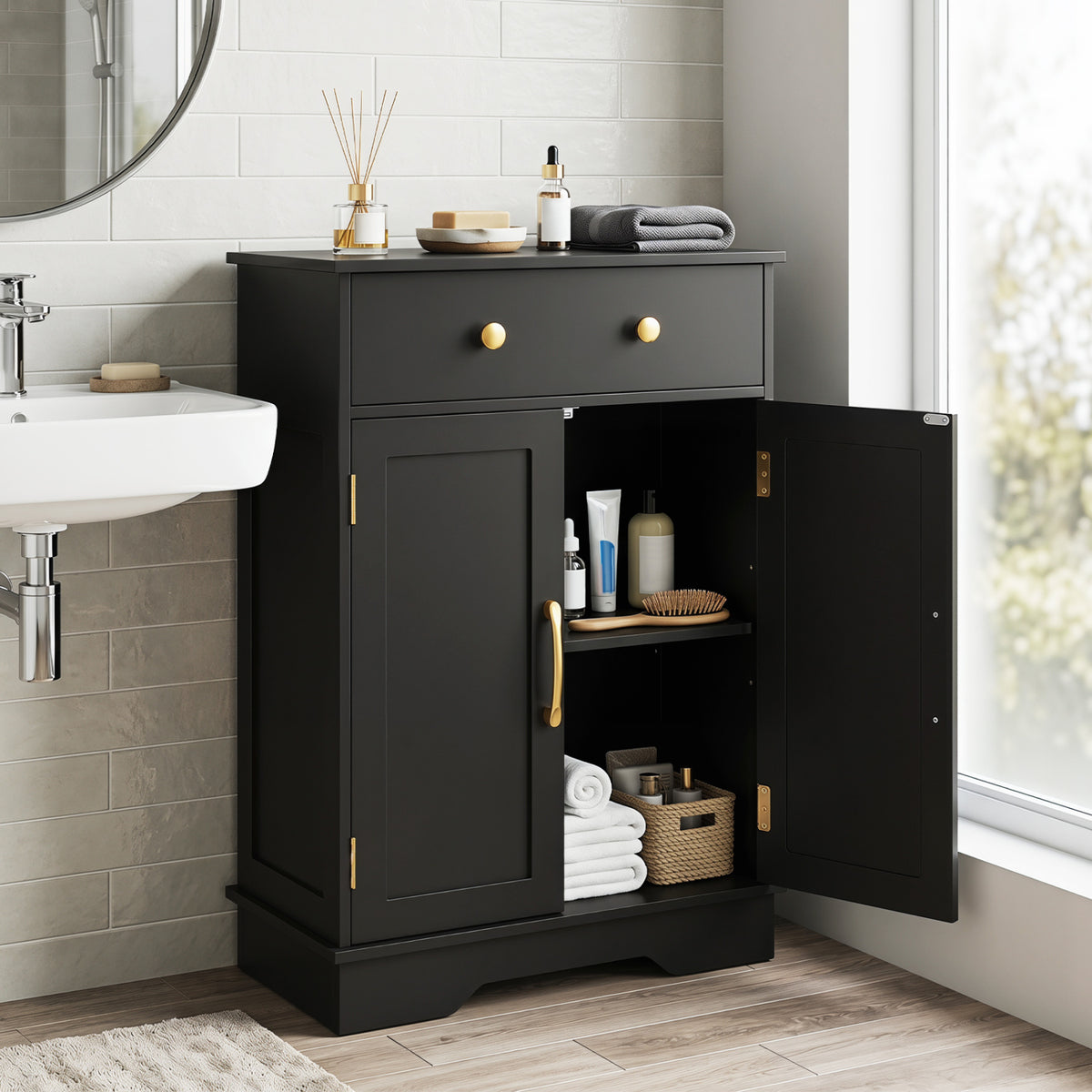 Floor Storage Cabinet with Doors Modern Buffet Sideboard with Drawer and Adjustable Shelf