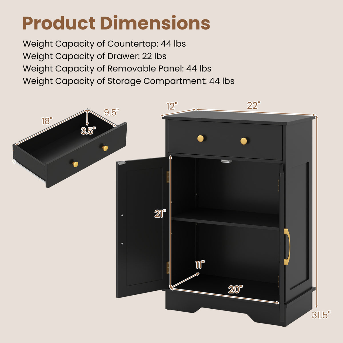 Floor Storage Cabinet with Doors Modern Buffet Sideboard with Drawer and Adjustable Shelf