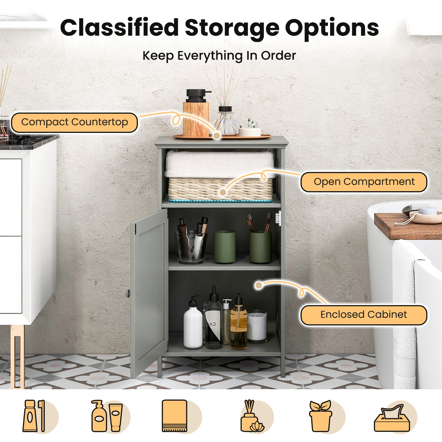 Bathroom Freestanding Adjustable Shelf Floor Storage Cabinet