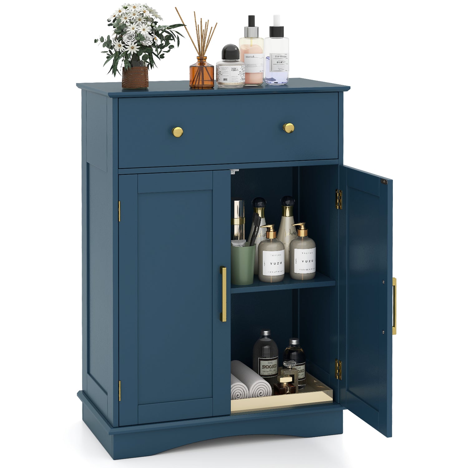 Floor Storage Cabinet with Doors Modern Buffet Sideboard with Drawer and Adjustable Shelf-Navy Blue