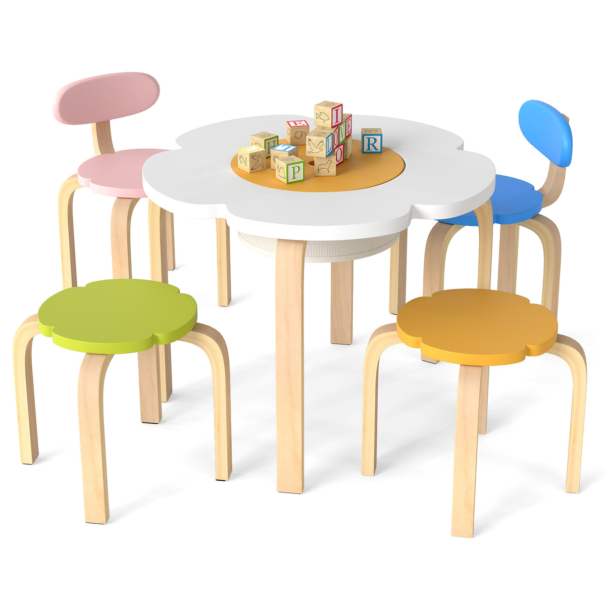 Flower-shaped Children Table Set Wooden Play and Activity Table with 2 Colorful Chairs and Stools-Multicolor