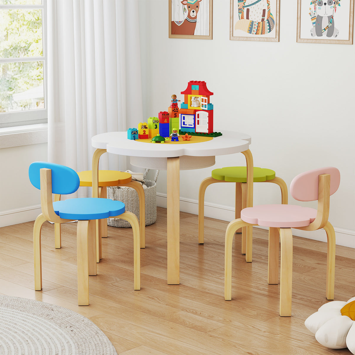 Flower-shaped Children Table Set Wooden Play and Activity Table with 2 Colorful Chairs and Stools-Multicolor
