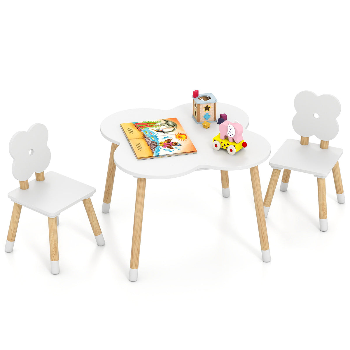 Flower-shaped Kids Table Set with Solid Pine Wood Legs