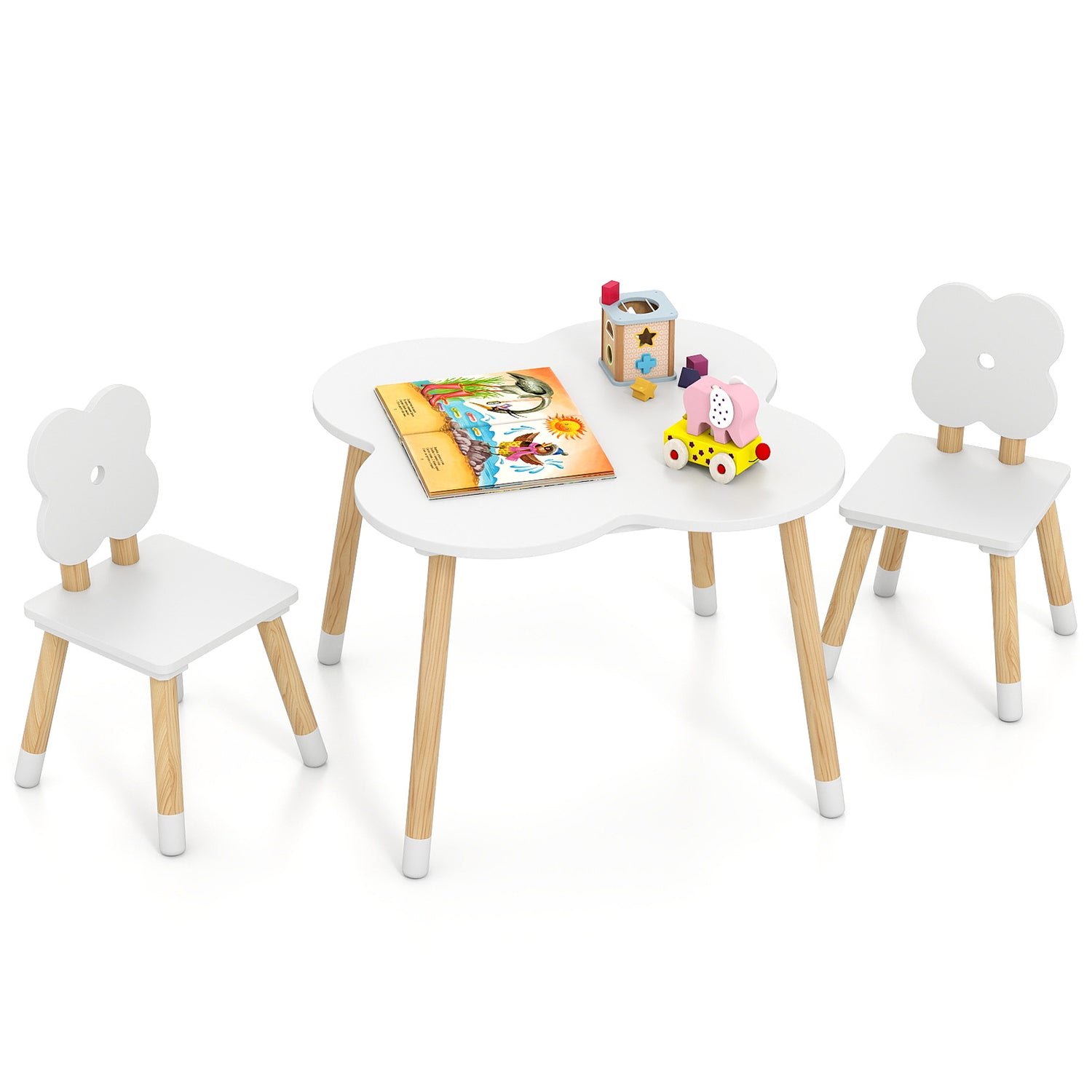 Flower-shaped Kids Table Set with Solid Pine Wood Legs