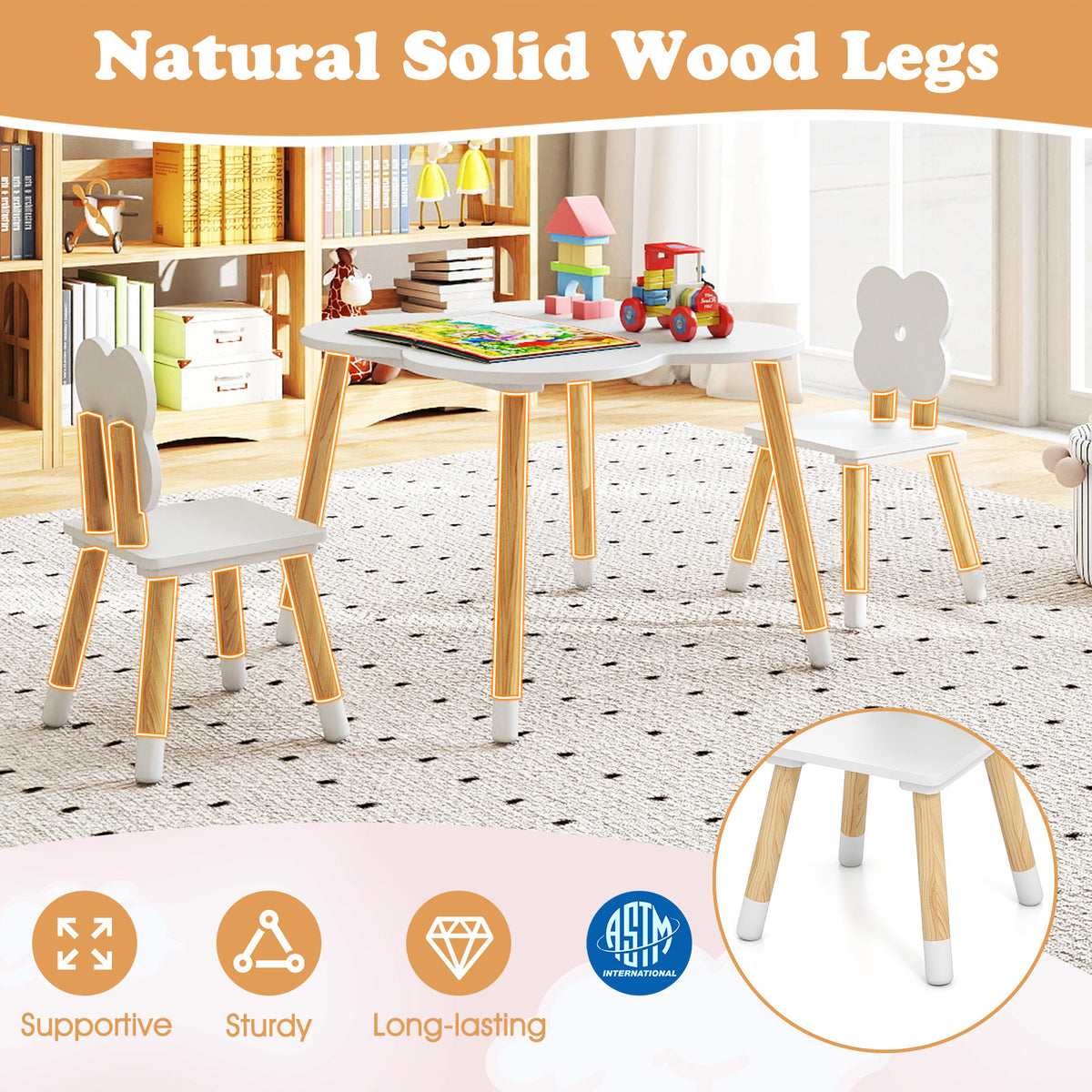 Flower-shaped Kids Table Set with Solid Pine Wood Legs