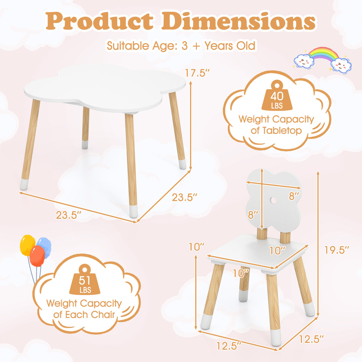 Flower-shaped Kids Table Set with Solid Pine Wood Legs