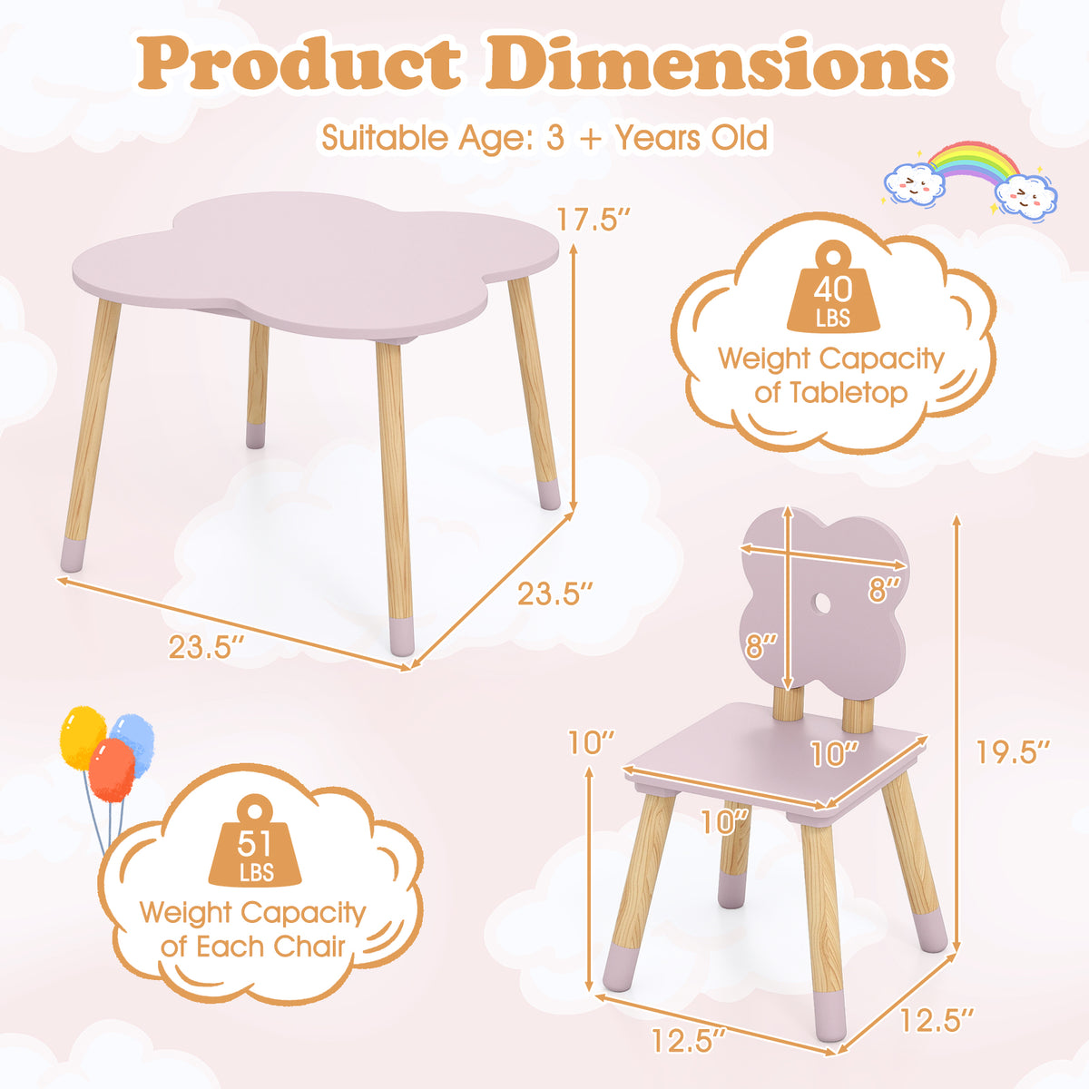 Flower-shaped Kids Table Set with Solid Pine Wood Legs