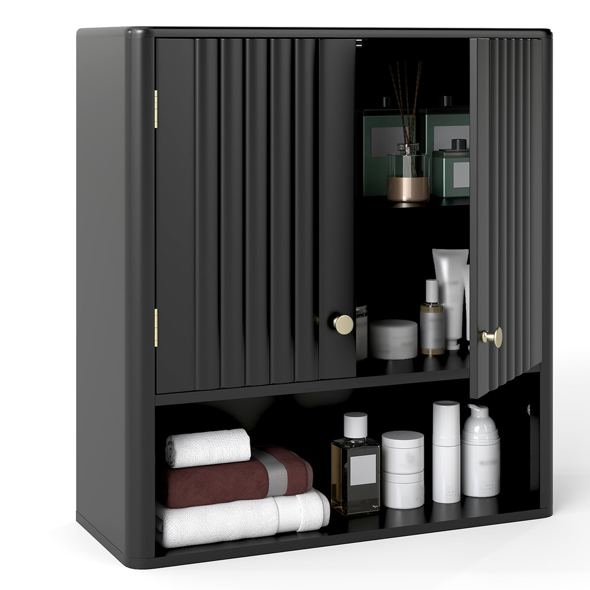 Fluted Bathroom Wall Cabinet with Open Shelf