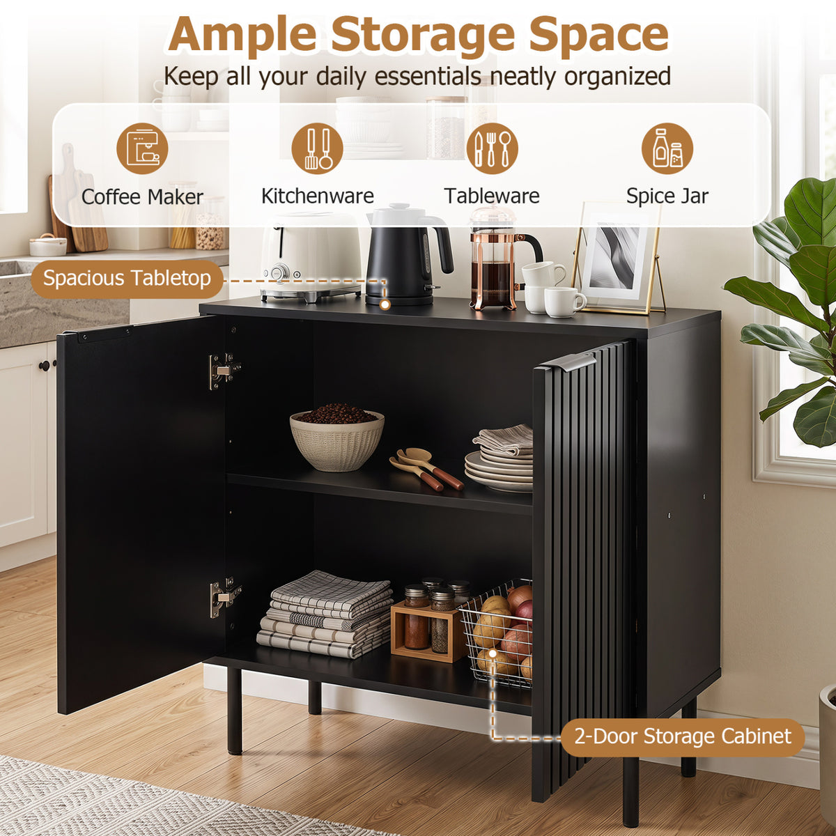 Fluted Buffet Cabinet with 2-Door Sideboard for Kitchen and Dining Room
