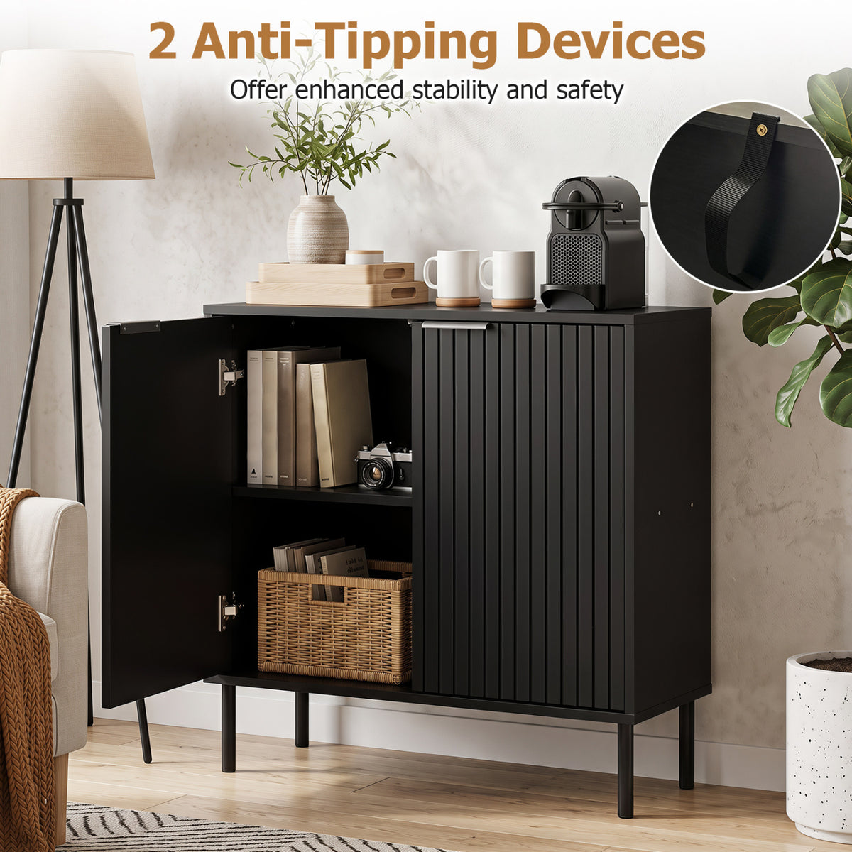 Fluted Buffet Cabinet with 2-Door Sideboard for Kitchen and Dining Room