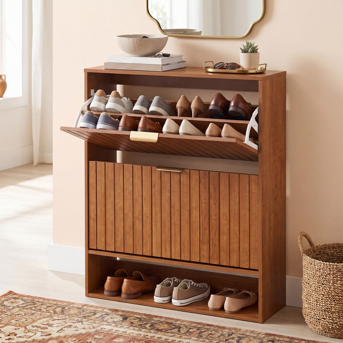 Fluted Hidden Shoe Cabinet with 2 Flip Drawers and Open Storage