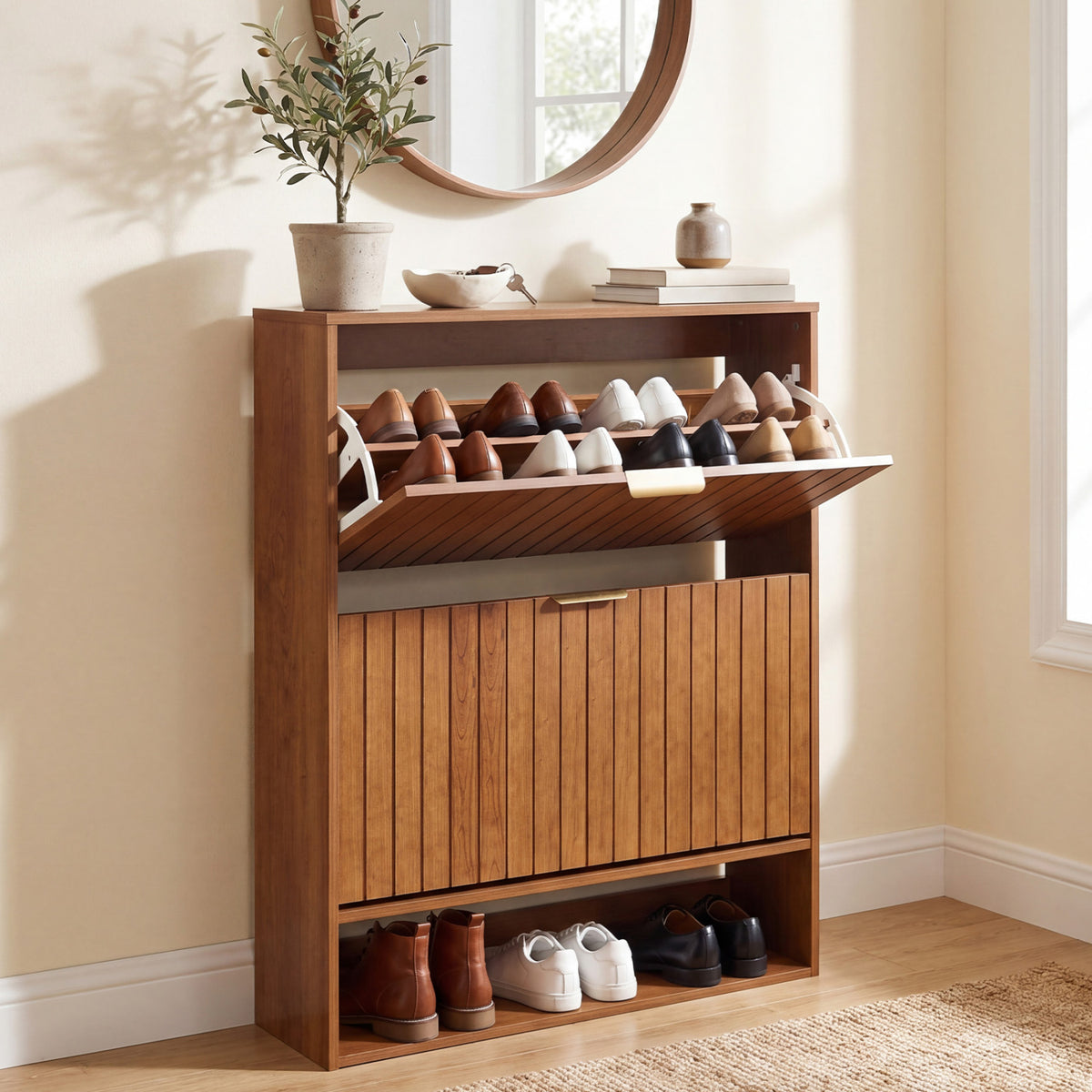 Fluted Hidden Shoe Cabinet with 2 Flip Drawers and Open Storage
