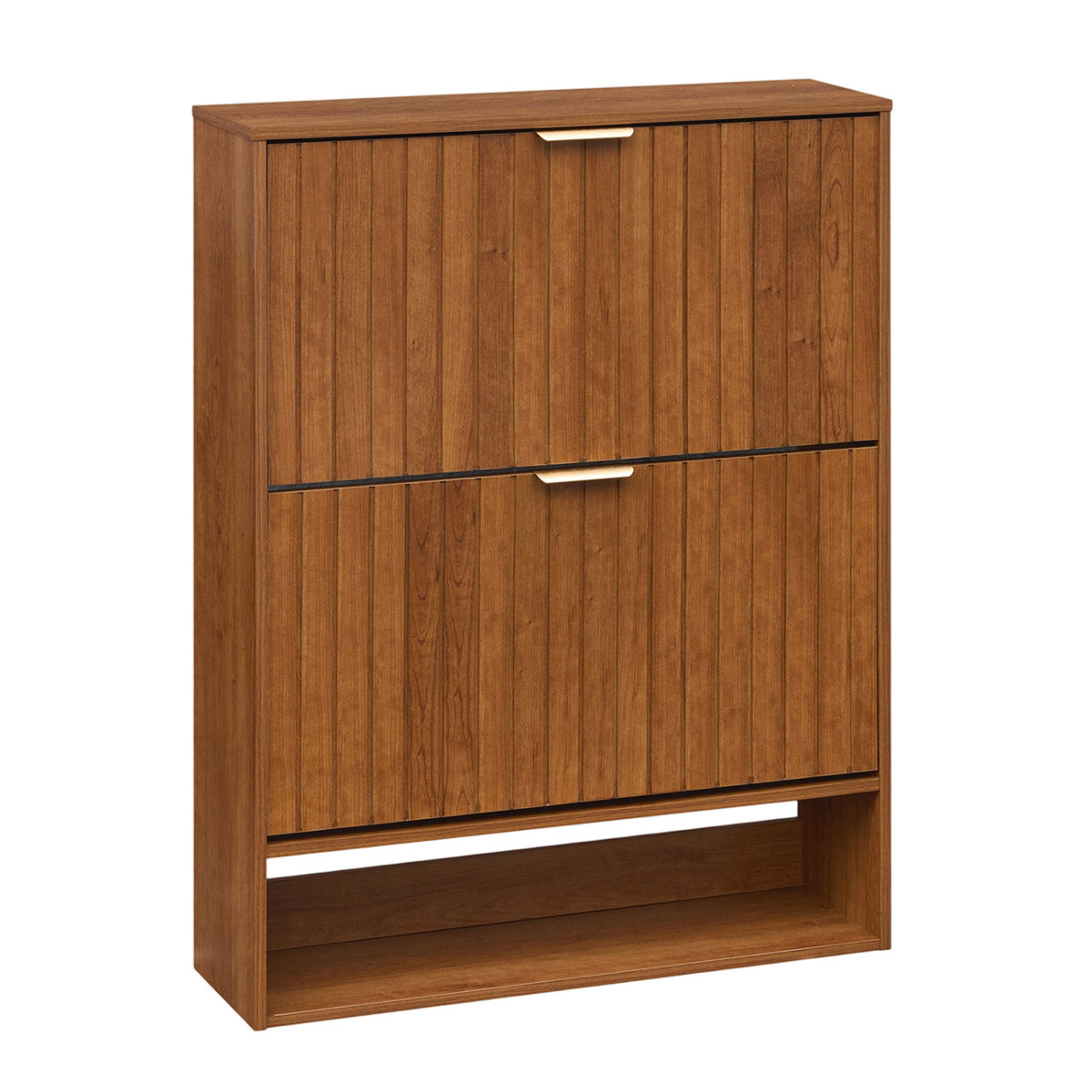 Fluted Hidden Shoe Cabinet with 2 Flip Drawers and Open Storage