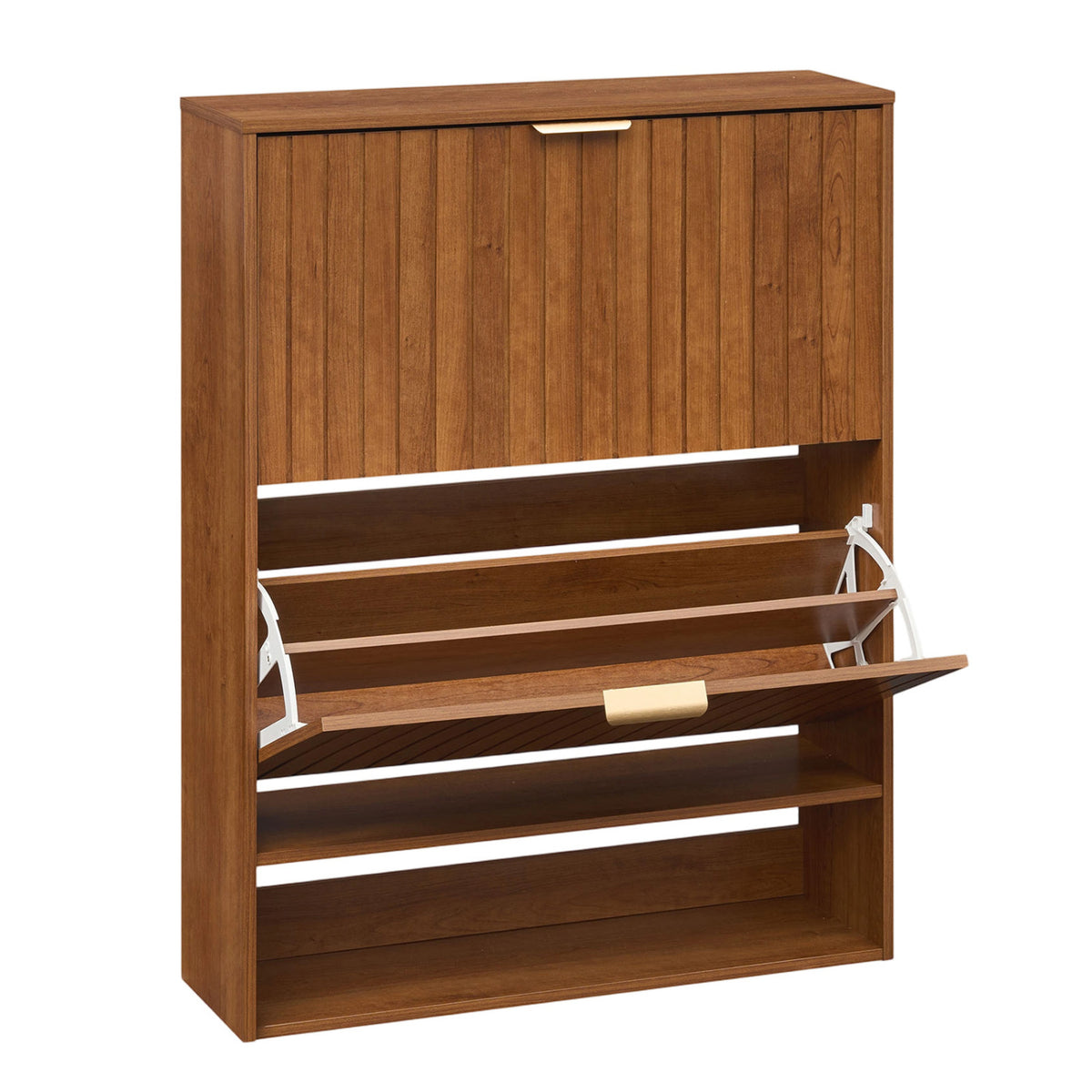 Fluted Hidden Shoe Cabinet with 2 Flip Drawers and Open Storage