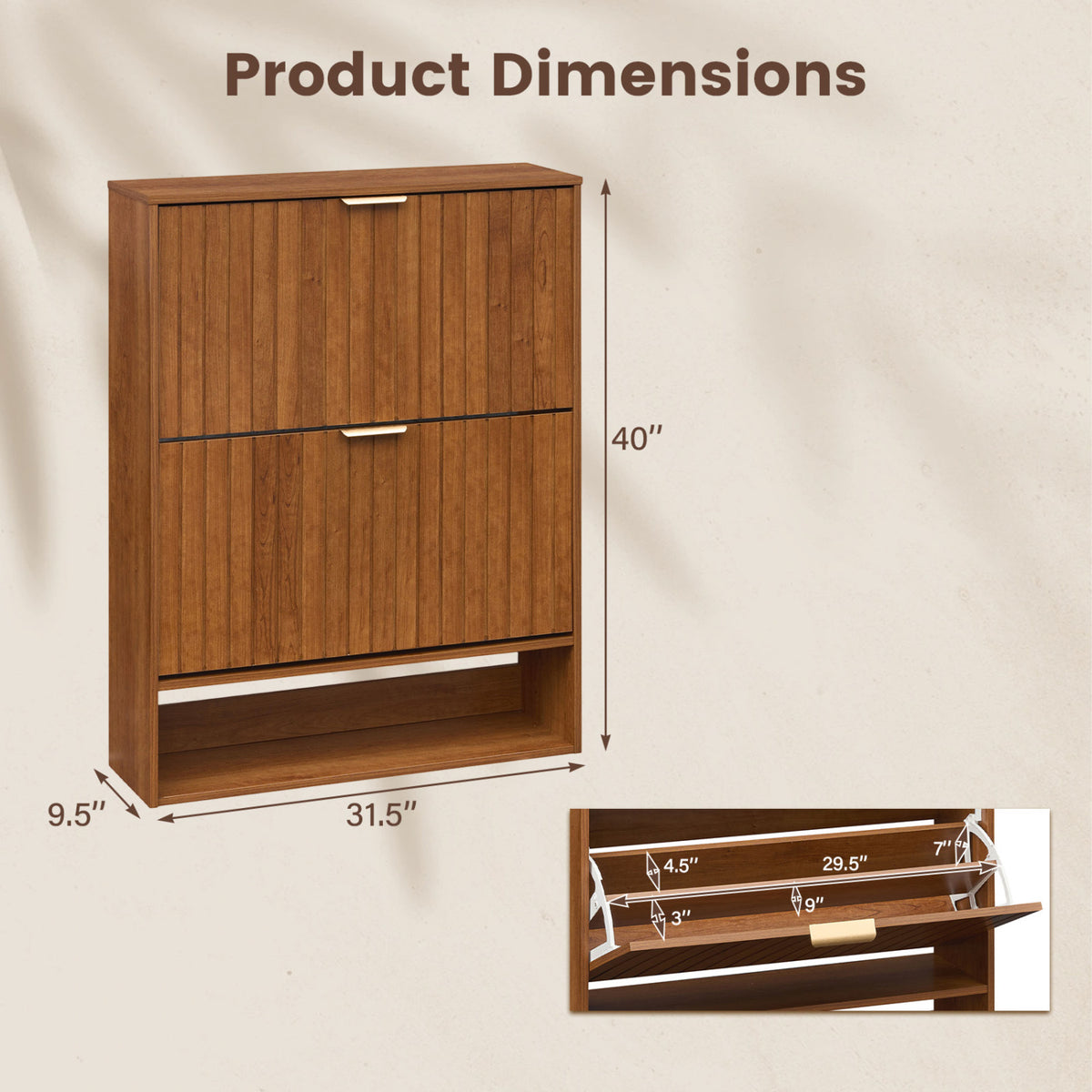 Fluted Hidden Shoe Cabinet with 2 Flip Drawers and Open Storage