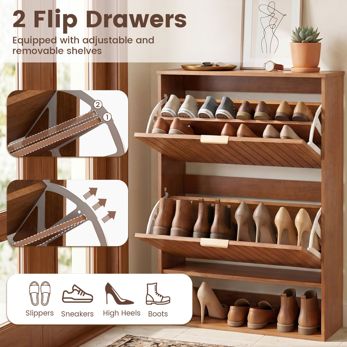 Fluted Hidden Shoe Cabinet with 2 Flip Drawers and Open Storage