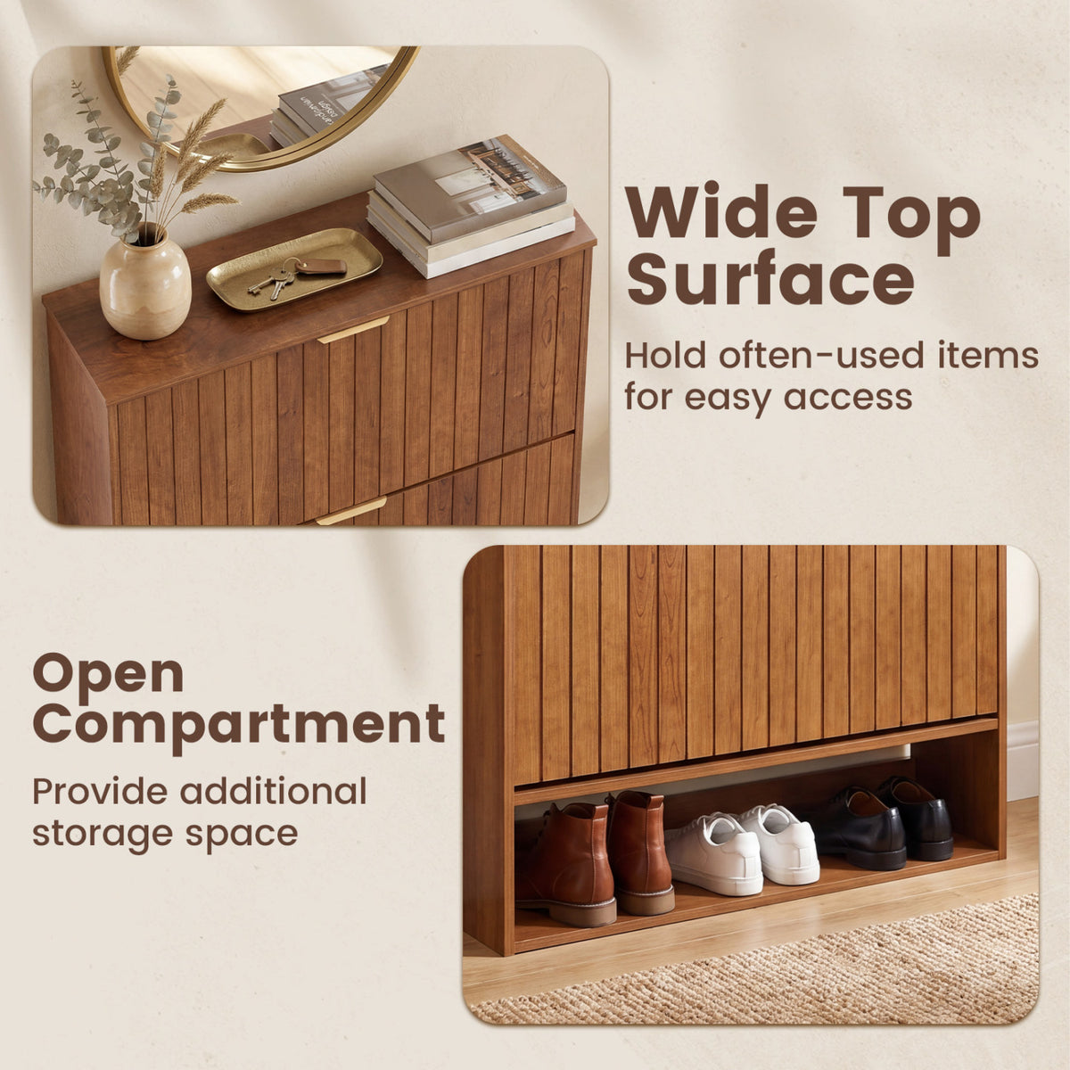 Fluted Hidden Shoe Cabinet with 2 Flip Drawers and Open Storage
