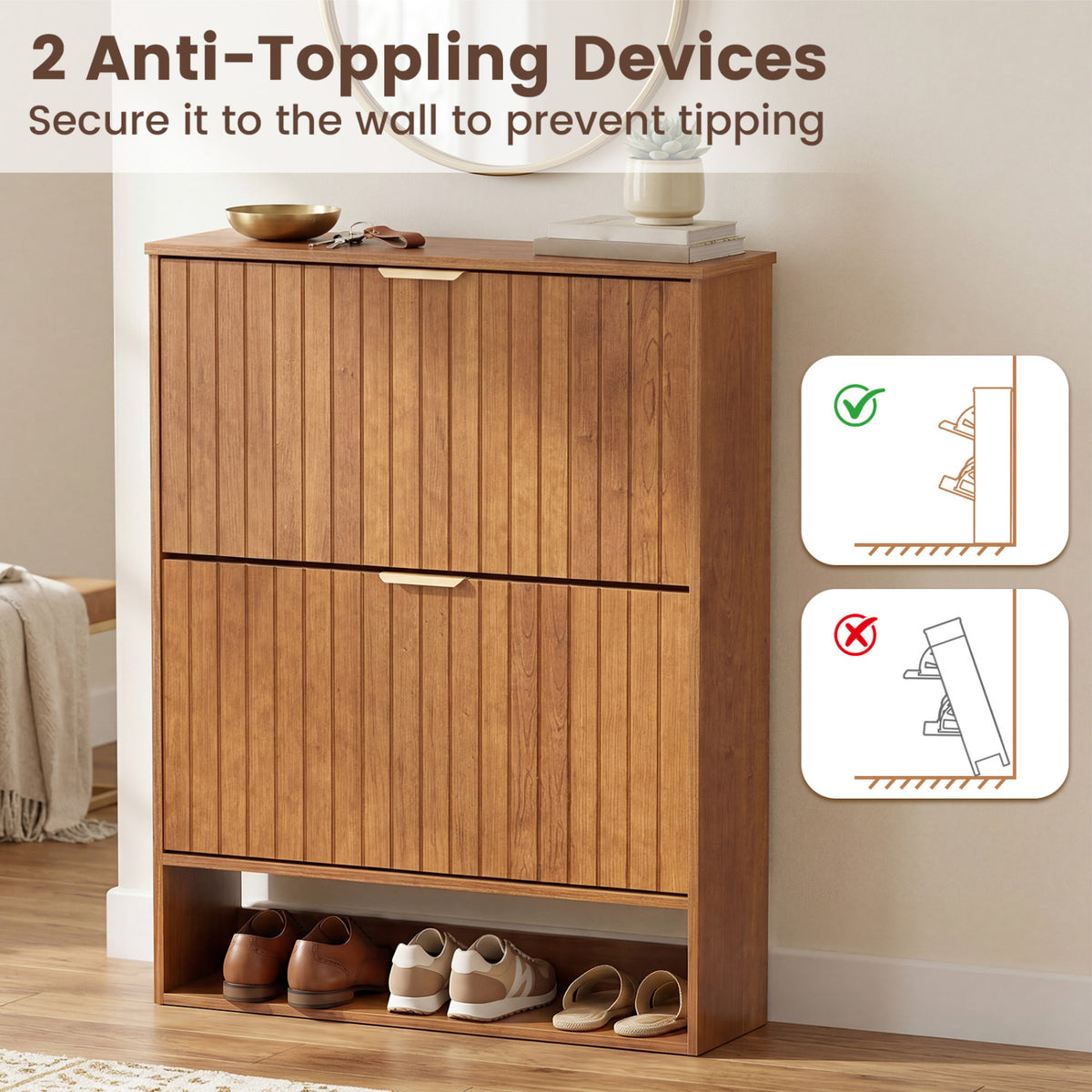 Fluted Hidden Shoe Cabinet with 2 Flip Drawers and Open Storage