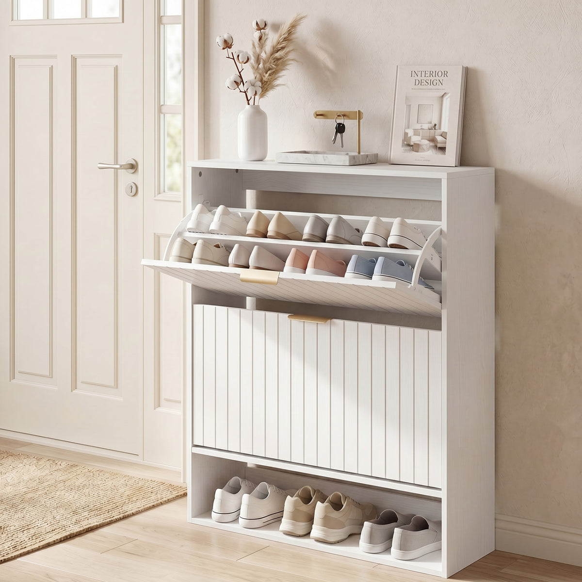Fluted Hidden Shoe Cabinet with 2 Flip Drawers and Open Storage