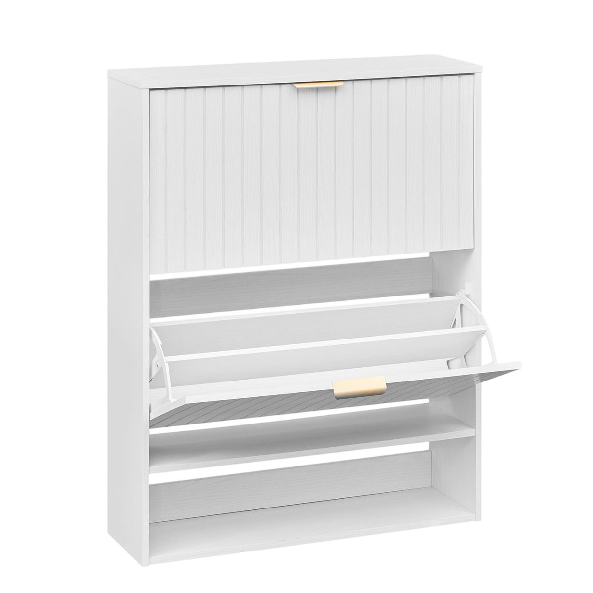 Fluted Hidden Shoe Cabinet with 2 Flip Drawers and Open Storage