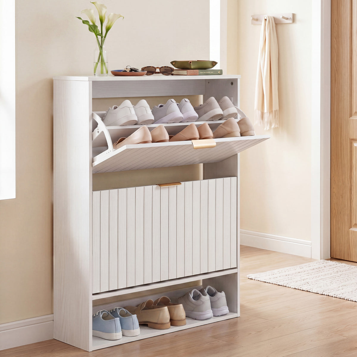 Fluted Hidden Shoe Cabinet with 2 Flip Drawers and Open Storage