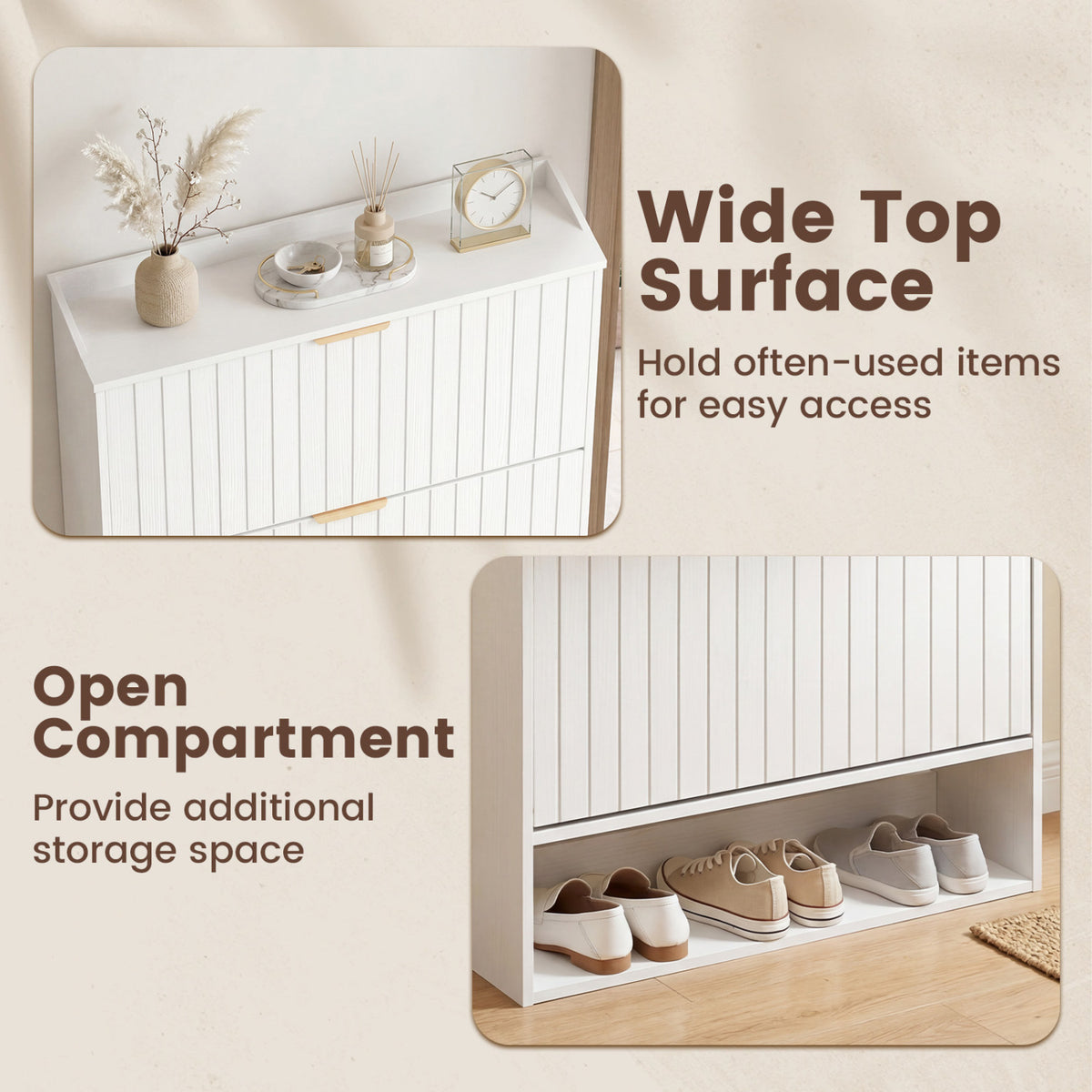 Fluted Hidden Shoe Cabinet with 2 Flip Drawers and Open Storage