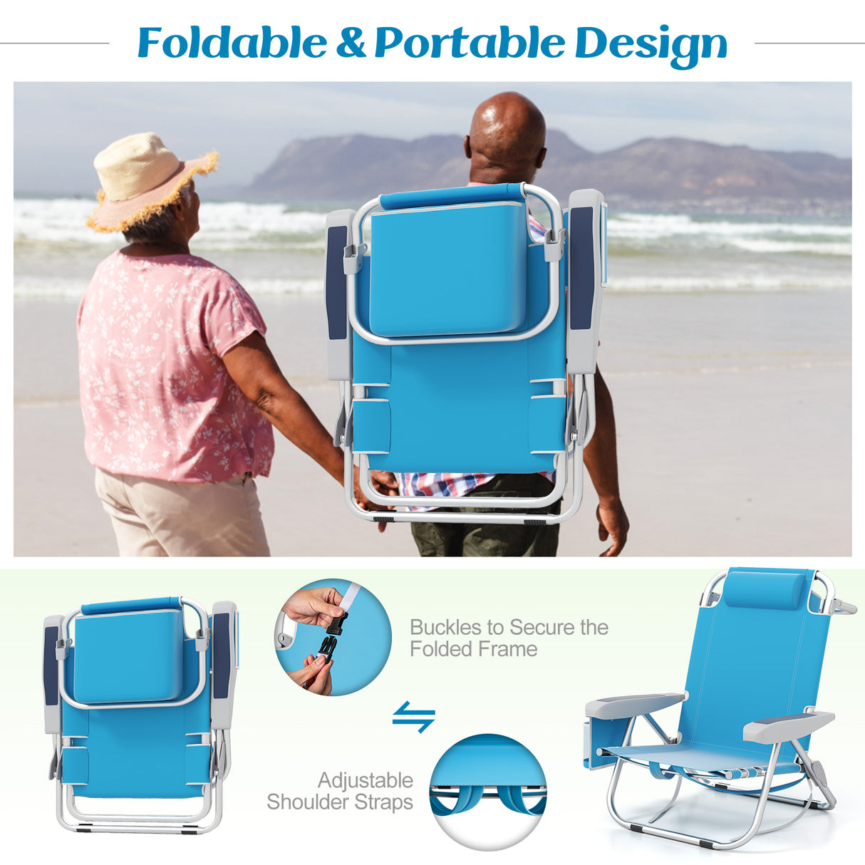 Foldable Backpack Beach Chair with Cup Holder and Storage Pockets Set of 2