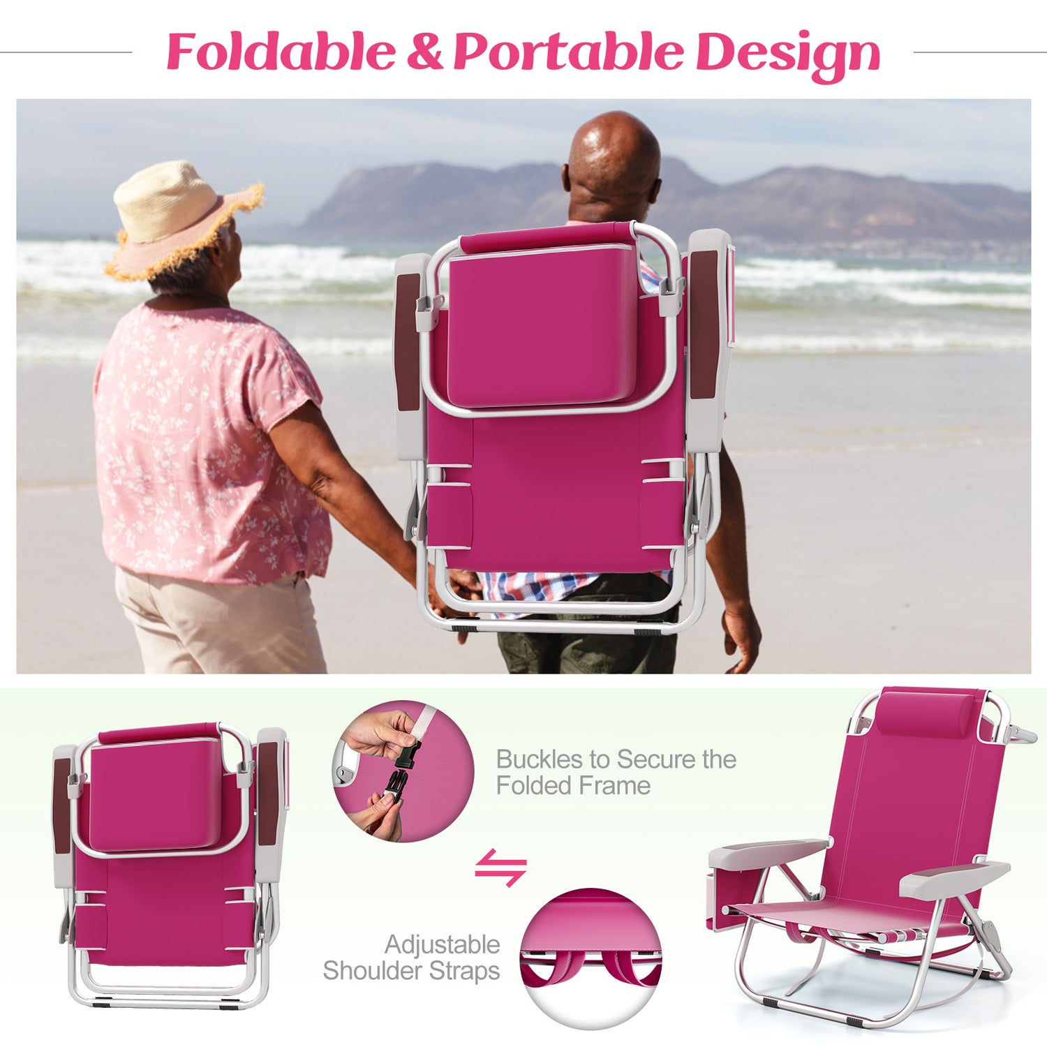 Foldable Backpack Beach Chair with Cup Holder and Storage Pockets Set of 2