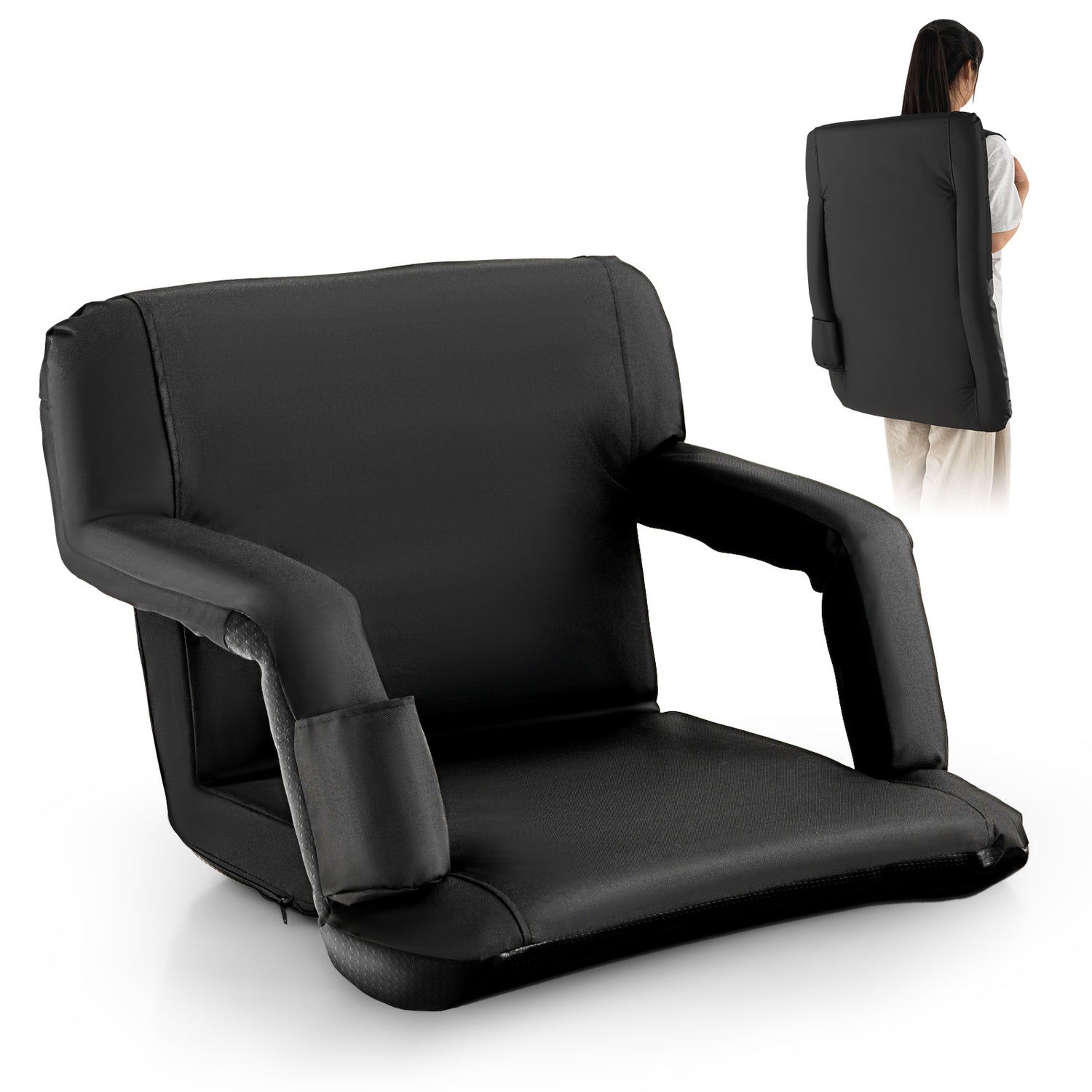 Foldable Bleacher Chair with 6 Reclining Positions and Padded Cushion-Black
