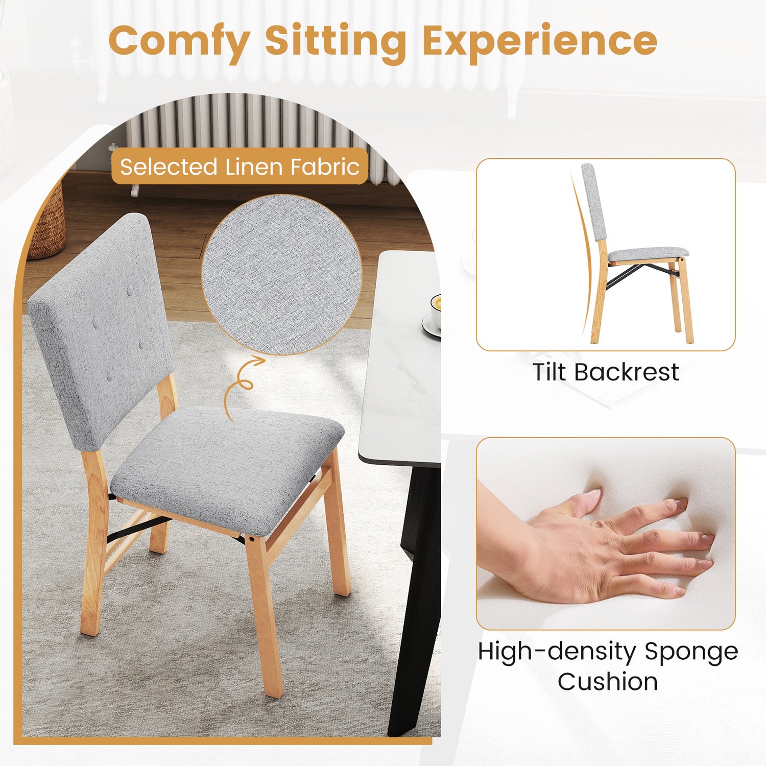 Foldable Dining Chair Set of 2 Armless Kitchen Chair with Padded Seat and Tilt Backrest