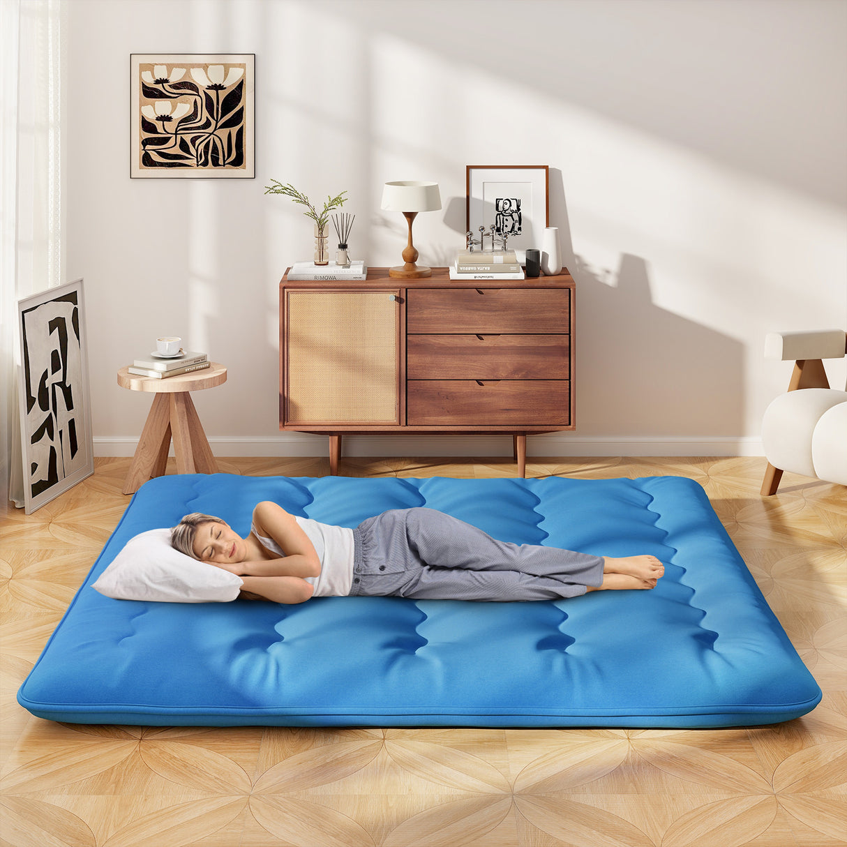 Foldable Futon Mattress with Washable Cover and Carry Bag for Camping Blue