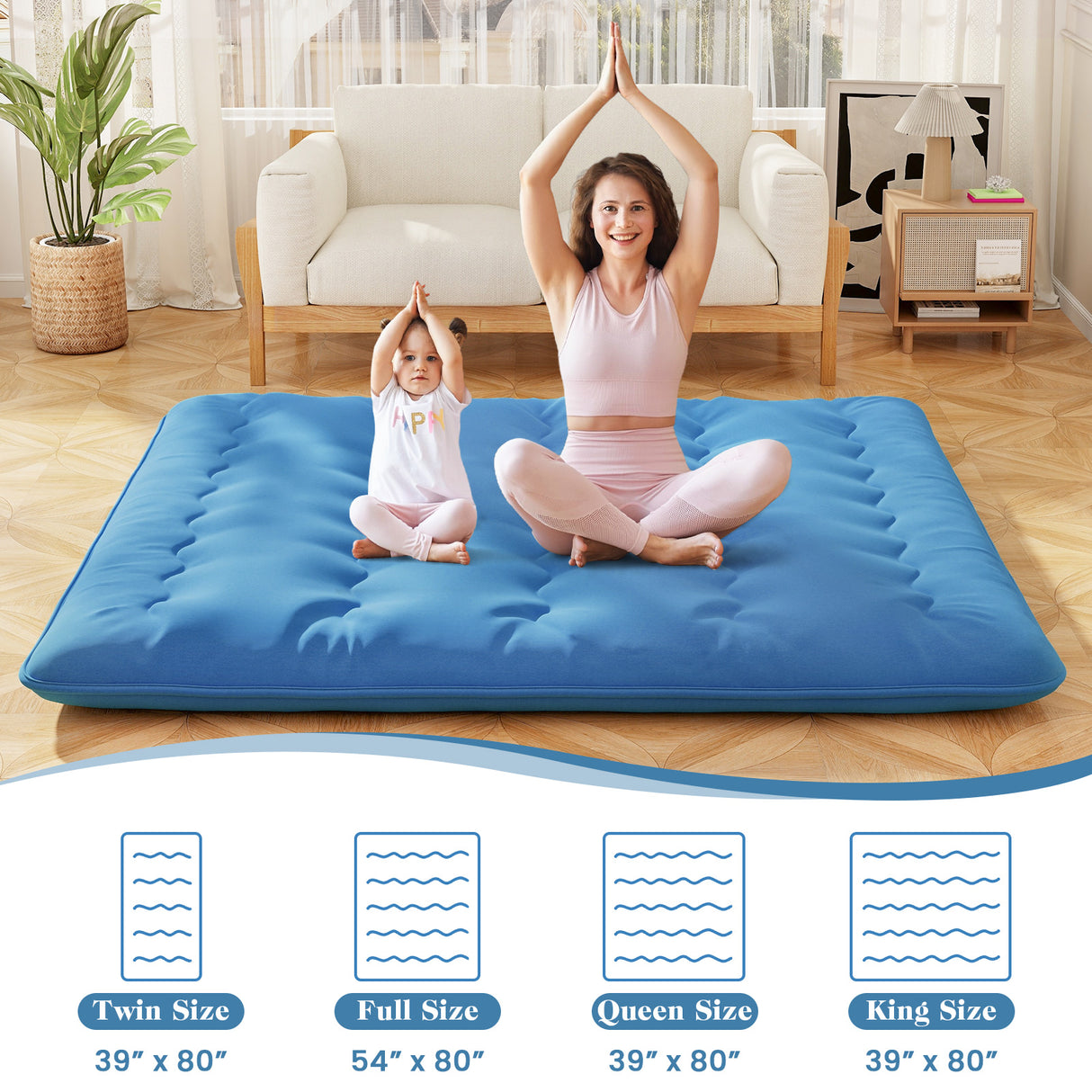 Foldable Futon Mattress with Washable Cover and Carry Bag for Camping Blue