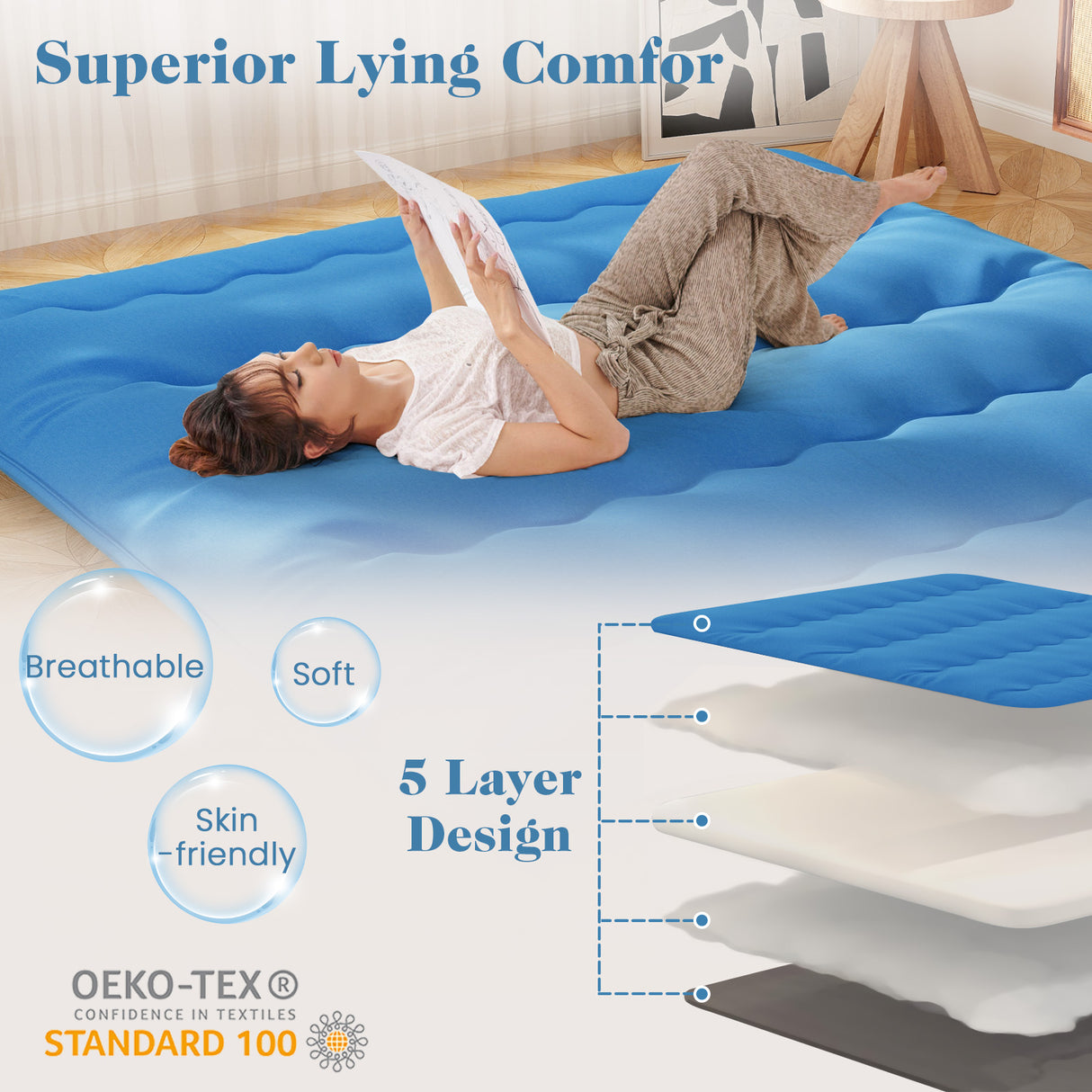 Foldable Futon Mattress with Washable Cover and Carry Bag for Camping Blue