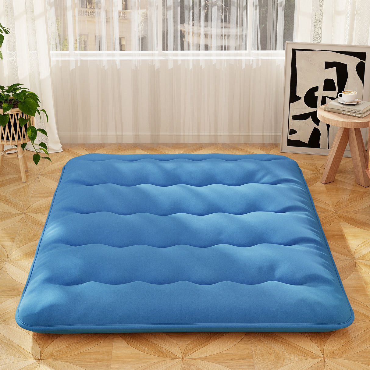 Foldable Futon Mattress with Washable Cover and Carry Bag for Camping Blue