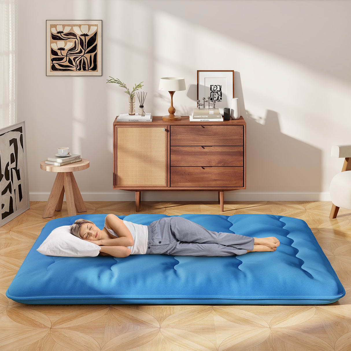 Foldable Futon Mattress with Washable Cover and Carry Bag for Camping Blue