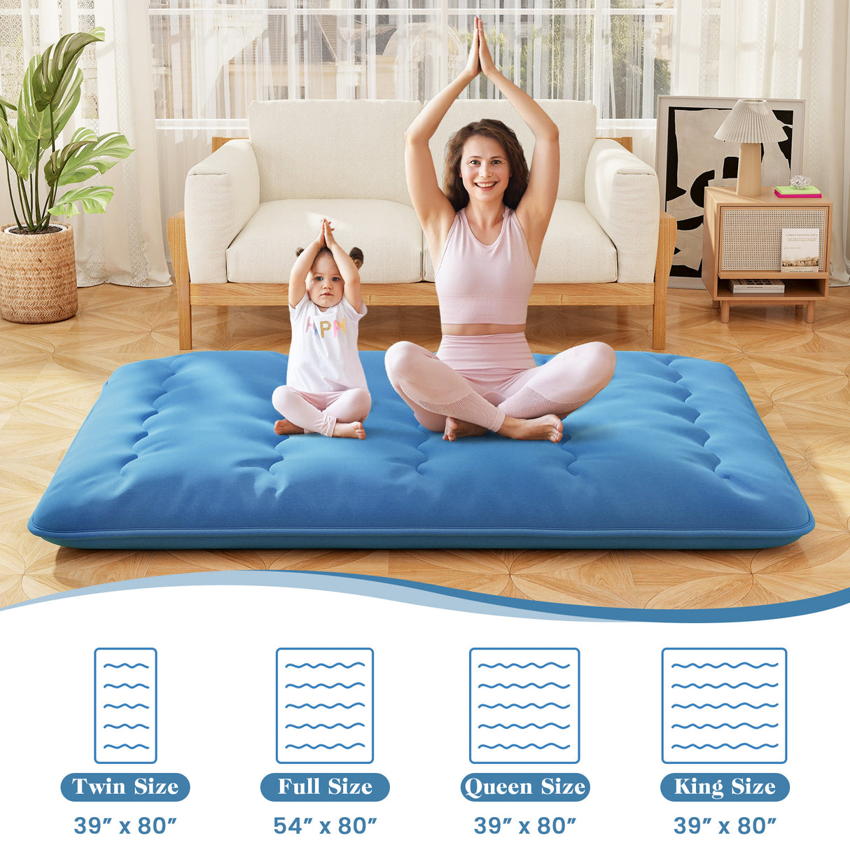 Foldable Futon Mattress with Washable Cover and Carry Bag for Camping Blue