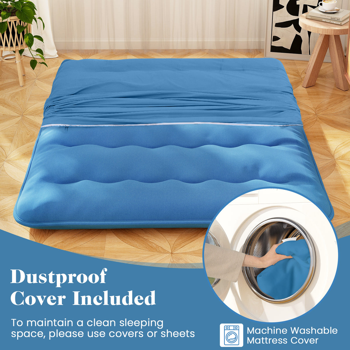 Foldable Futon Mattress with Washable Cover and Carry Bag for Camping Blue