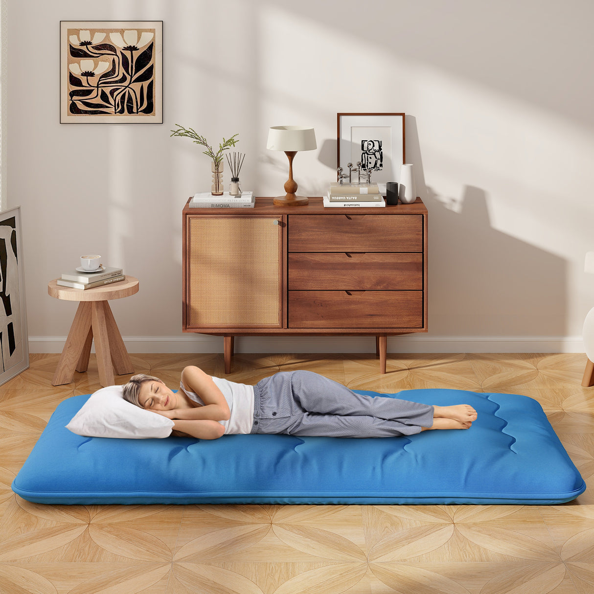 Foldable Futon Mattress with Washable Cover and Carry Bag for Camping Blue