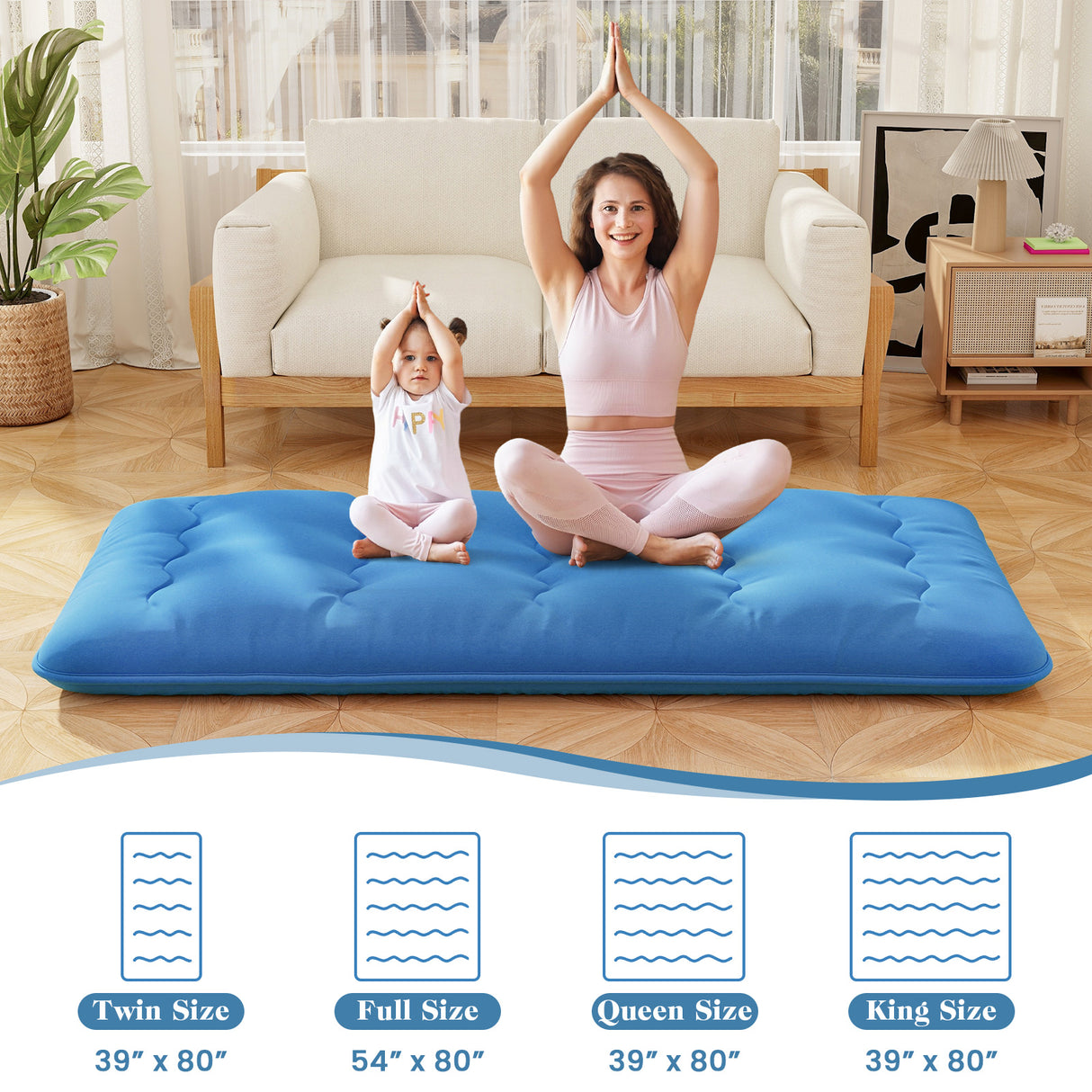 Foldable Futon Mattress with Washable Cover and Carry Bag for Camping Blue