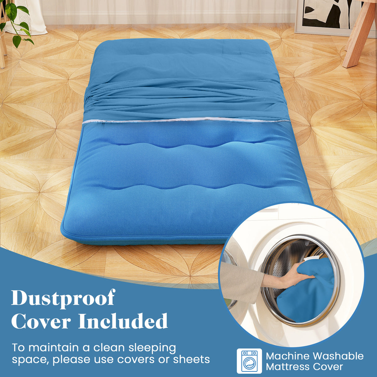 Foldable Futon Mattress with Washable Cover and Carry Bag for Camping Blue