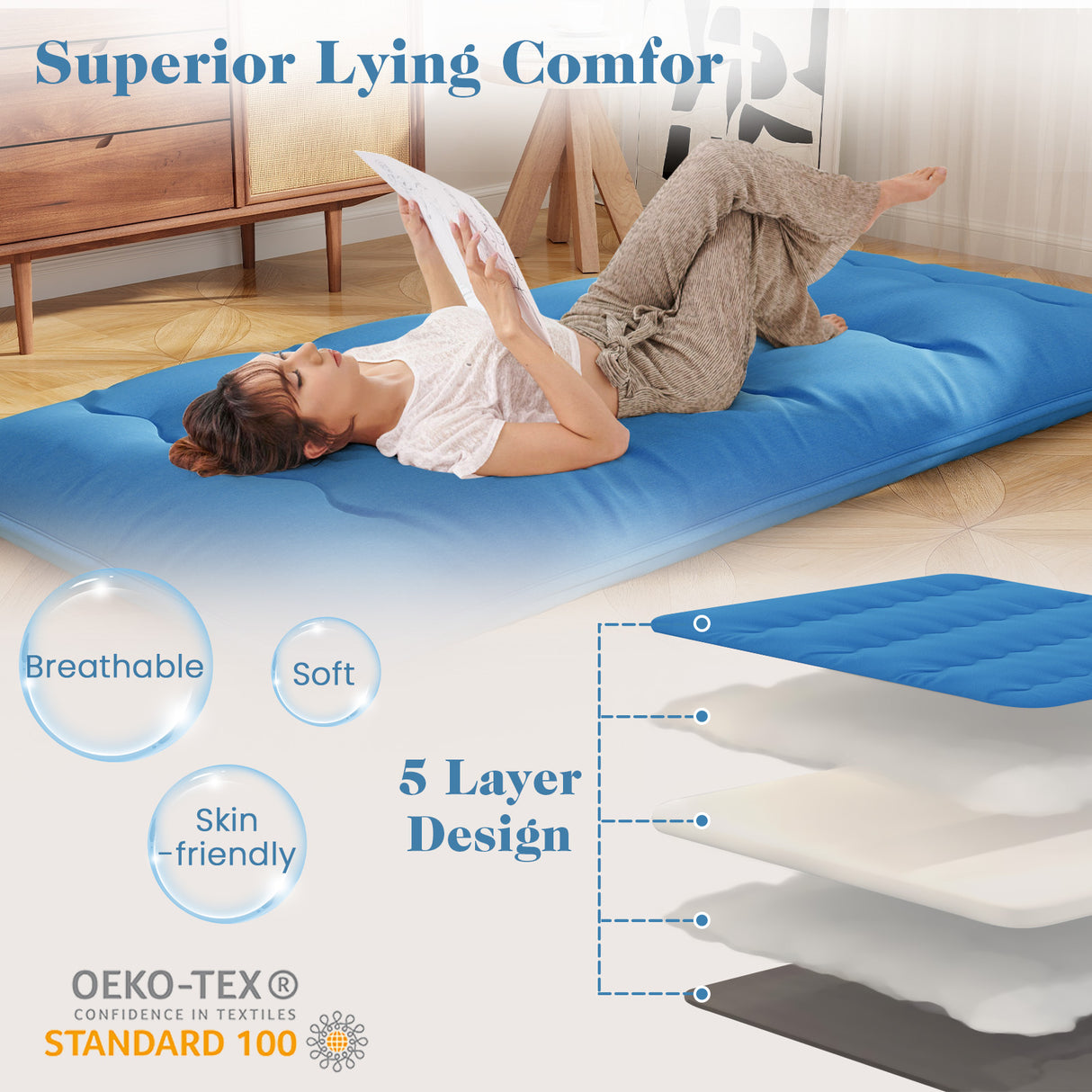 Foldable Futon Mattress with Washable Cover and Carry Bag for Camping Blue
